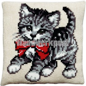 kreuzstichkissen poes met rode strik