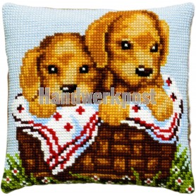 kreuzstichkissen golden retriever pups in mand