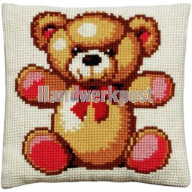 kreuzstichkissen teddybeer met rode strik