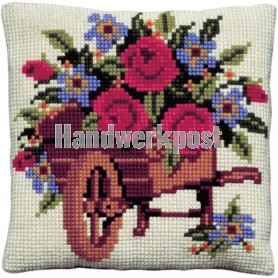 kreuzstichkissen kruiwagen met bloemen