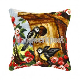 kreuzstichkissen vogels bij vogelhuisje