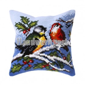 kreuzstichkissen vogels in wintersfeer