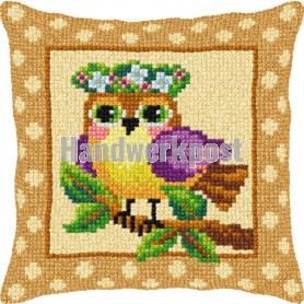 kreuzstichkissen vogel met bloemenkroon