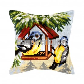 kreuzstichkissen vogelhuisje met koolmeesjes