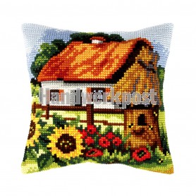 kreuzstichkissen boerderij met bloemenpracht