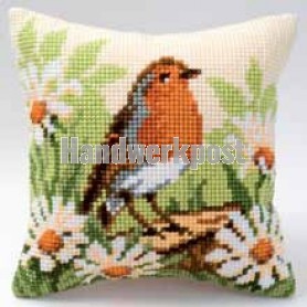 kreuzstichkissen roodborstje op boomstronk
