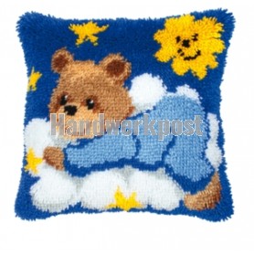 knüpfkissen teddybeer op wolk, blauw