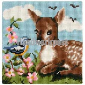 kreuzstichkissen hert met vogel in het gras