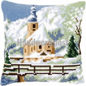 kreuzstichkissen kerk in wintersfeer