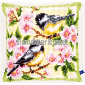 kreuzstichkissen koolmeesjes met bloesem