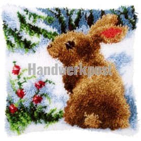 knüpfkissen konijn in wintersfeer