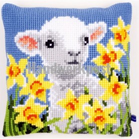 kreuzstichkissen lammetje met narcissen
