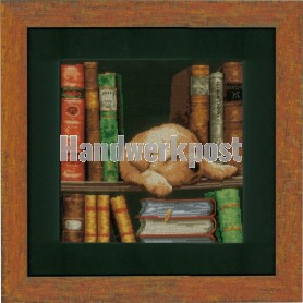 stickpackung hond in de boekenkast