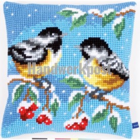 kreuzstichkissen koolmeesjes in wintersfeer