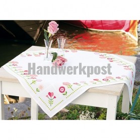 decke rose bloemen, wit mit aida kante