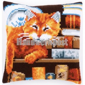kreuzstichkissen poes op de boekenplank