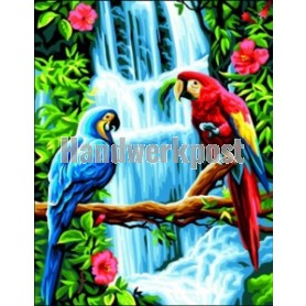 stramin + garnpaket, papegaaien bij waterval