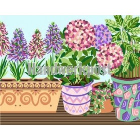 stramin + garnpaket, bloempotten in vensterbank