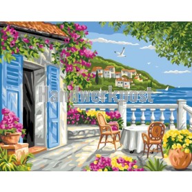 stramin + garnpaket, zonnige dag op het terras