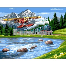 stramin + garnpaket, berglandschap met treinscene/vliegtuig