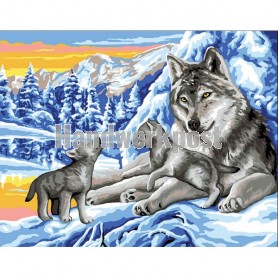 stramin + garnpaket, wolf met jongen in wintersfeer