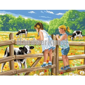 stramin + garnpaket, meisjes met kalfje in de wei