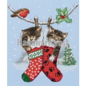 stickpackung poezen bungelend in kerstsok