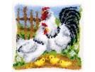 knüpfkissen haan, kip met kuikens