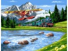 stramin + garnpaket, berglandschap met treinscene/vliegtuig