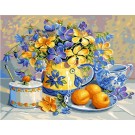 stramin stilleben, blauw/gele bloemen met abrikozen